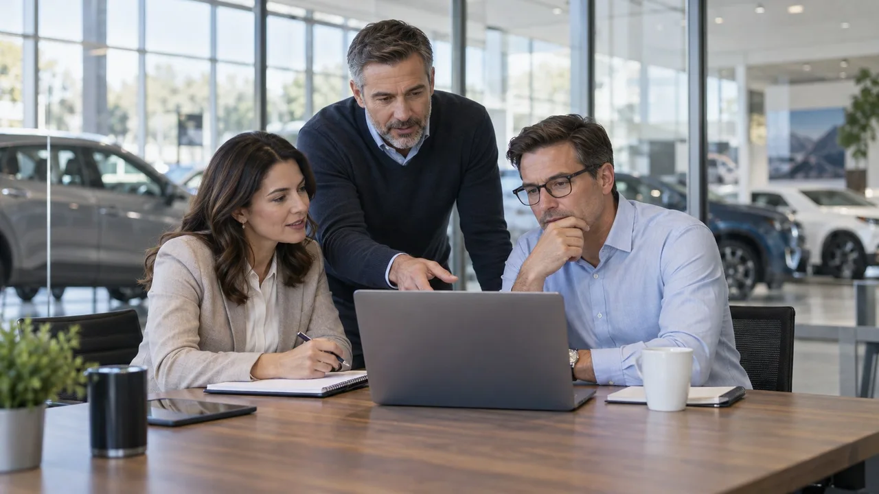 Dealer group leaders reviewing data on a laptop in a dealership showroom while deciding whether to build or buy an AI data analyst.
